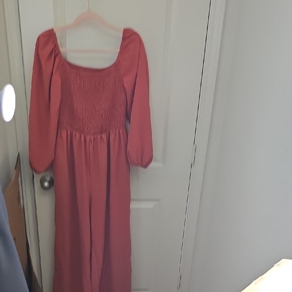 Pants - Smocked Square-Neck Long Sleeve Jumpsuit - Coral